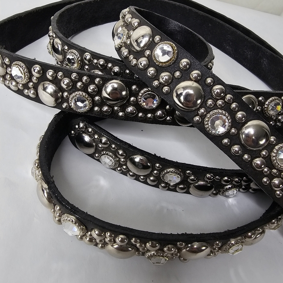 Streets Ahead Double Length Stud & Rhinestone Embellished Black Skinny Belt - Picture 3 of 6